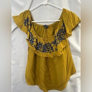 Style Envy - Off Shoulder Embroidered Mustard Crop Top